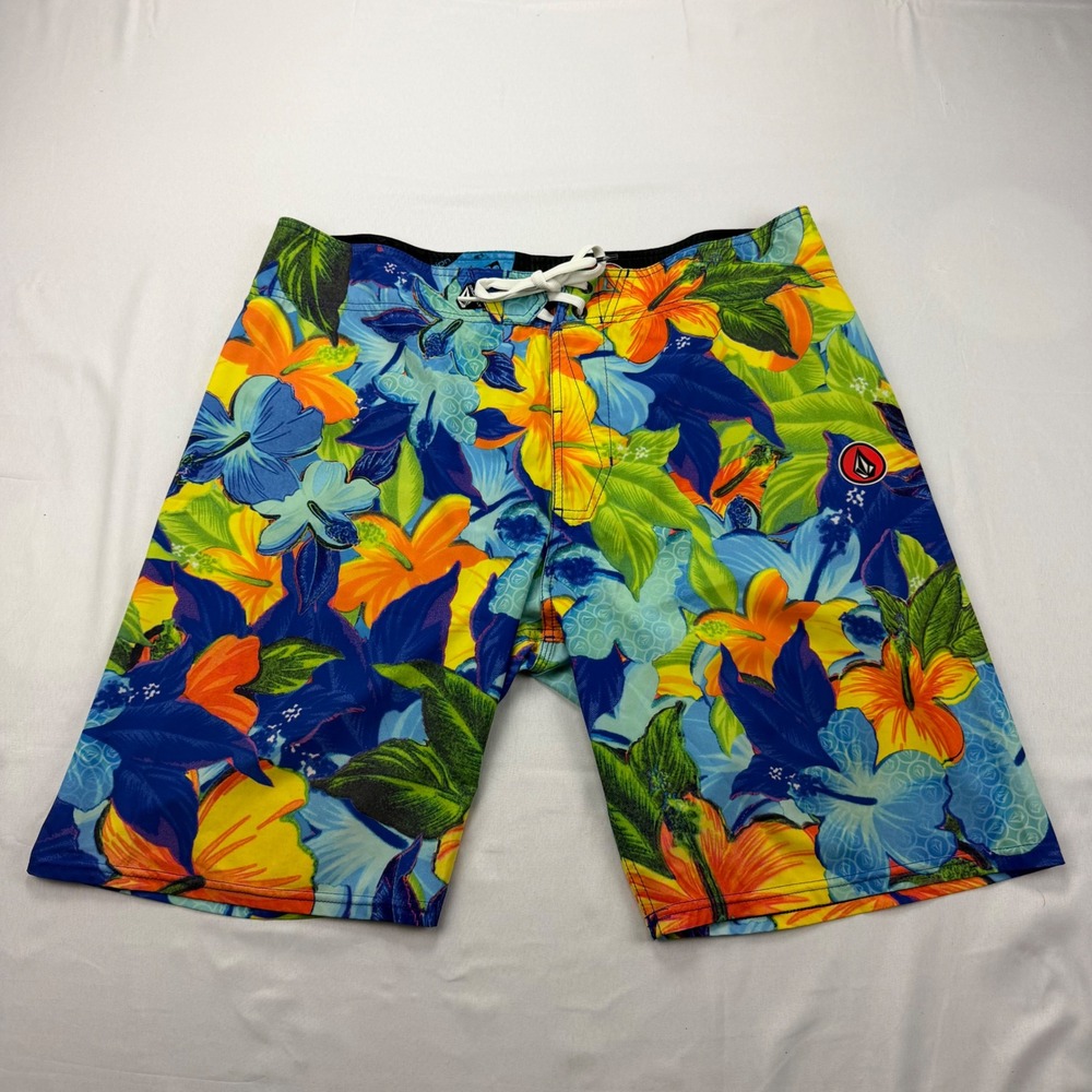 Volcom Board Shorts Mens 36 Blue Floral Fun‎ 4-Way Stretch Tropical Swim Trunks
